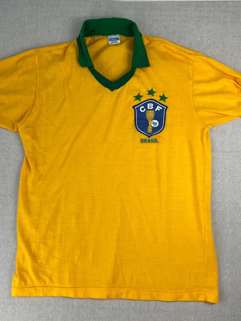 Vintage Campea Mens Yellow Brazil National Football Home Jersey Logo 80s Size 12